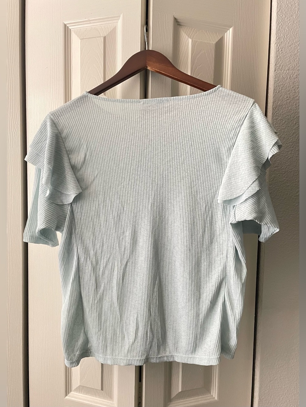 Mango Light Blue Ribbed Top with Ruffle Sleeves - Picture 4 of 4